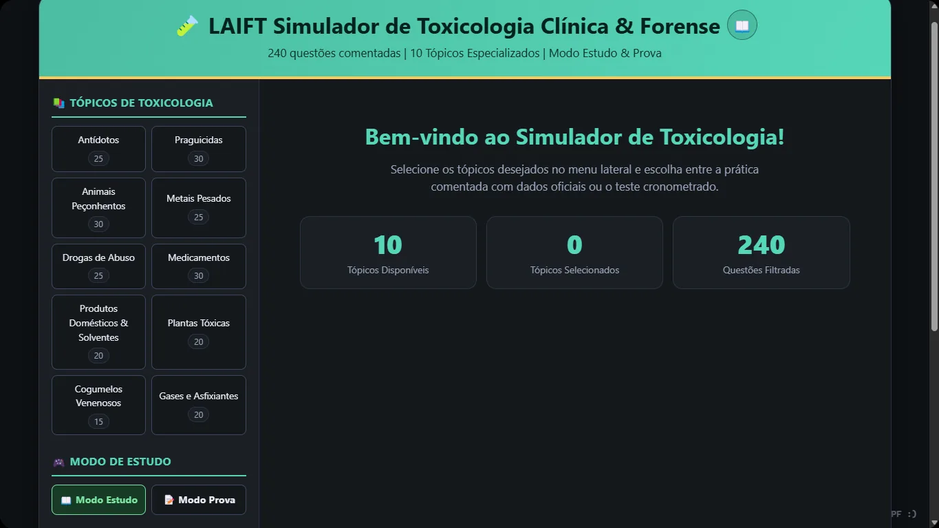 Clinical and Forensic Toxicology simulator with 10 topics and Study and Exam modes