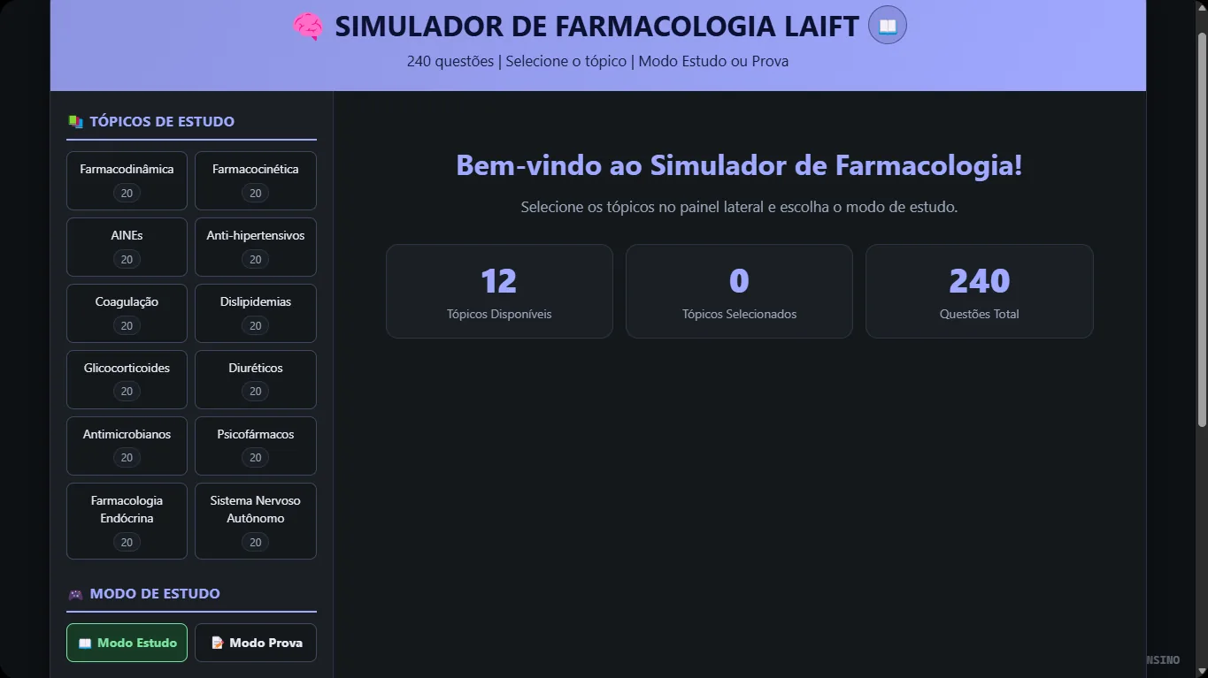 Pharmacology simulator with 12 study topics and Study and Exam modes
